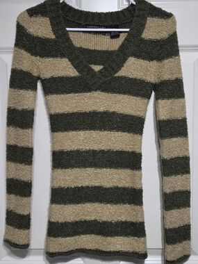 Vintage Tomfoolery Olive & Sand Striped V-Neck Sweater